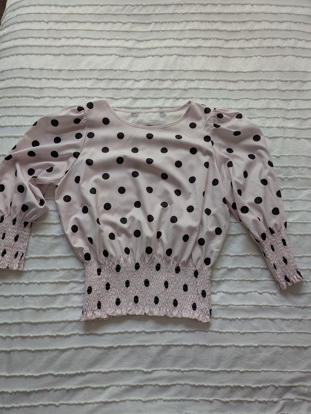 Light Pink Polka Dot Puff Sleeve Smocked Waist Blouse